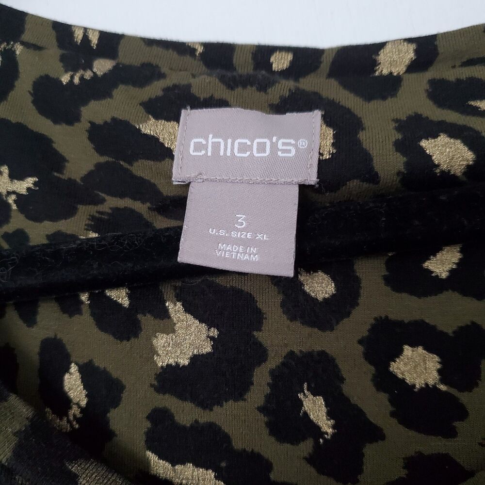 Chico's Olive Green Foil Leopard Cheetah Print Top Size 3